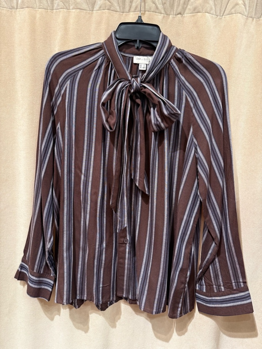Brown stripe tie neck blouse
